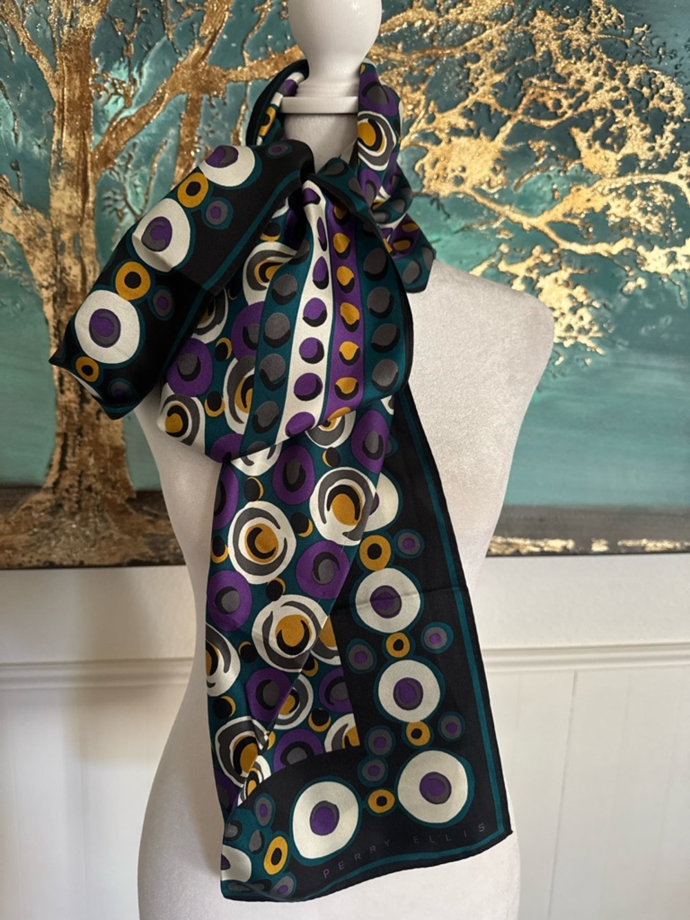 Vintage Perry Ellis Mod Geometric Scarf Retro 90s Abstract Print